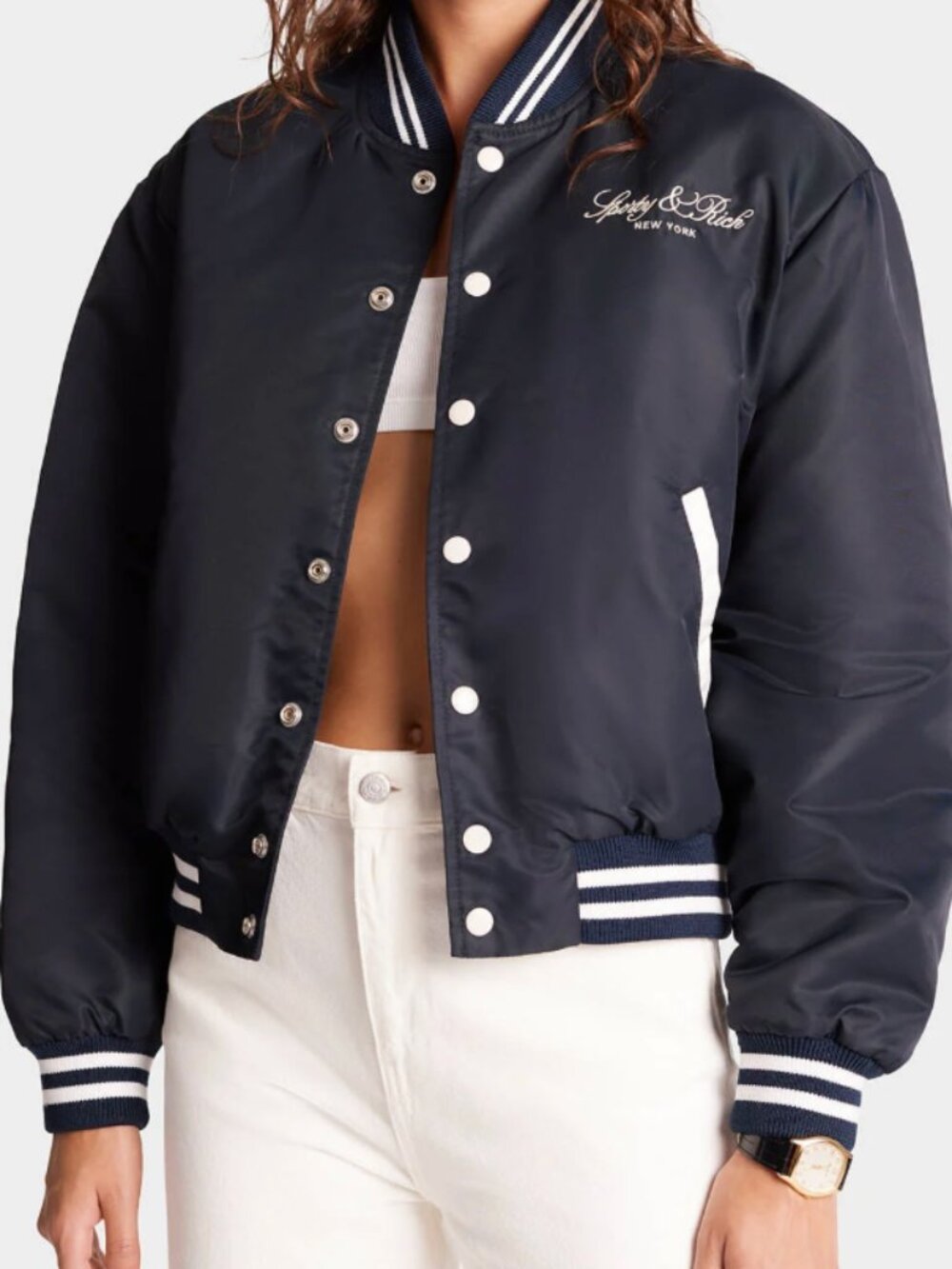 Teddy Wellness Bouclé Varsity Jacket Navy/White by Sporty & Rich.